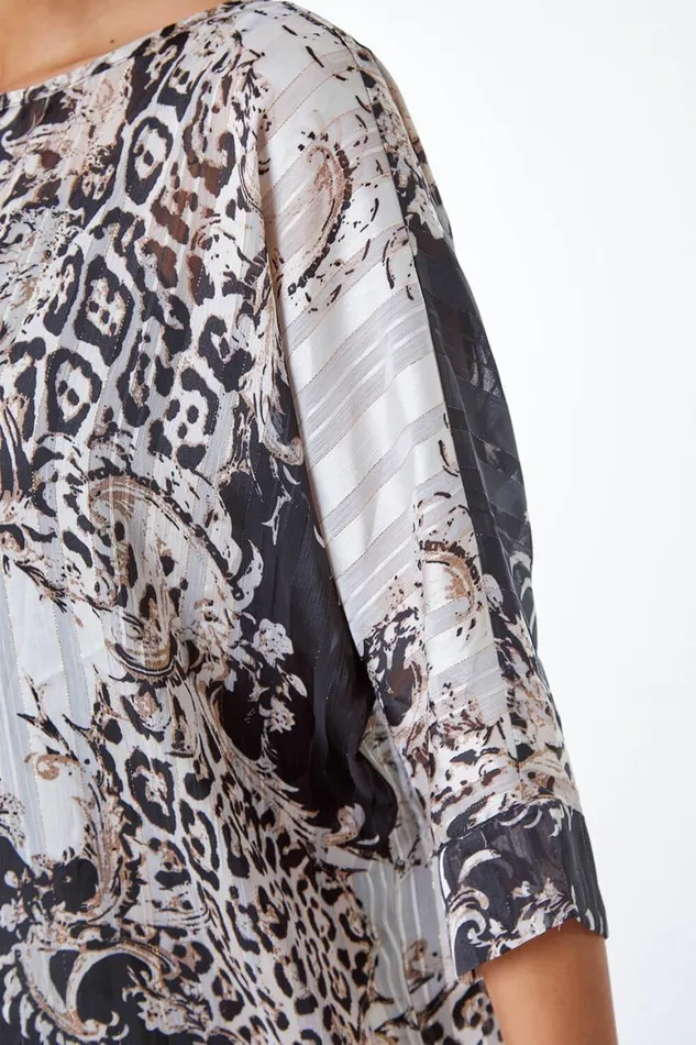 Women Ivory Mixed Animal Print Overlay Top Roman Tops