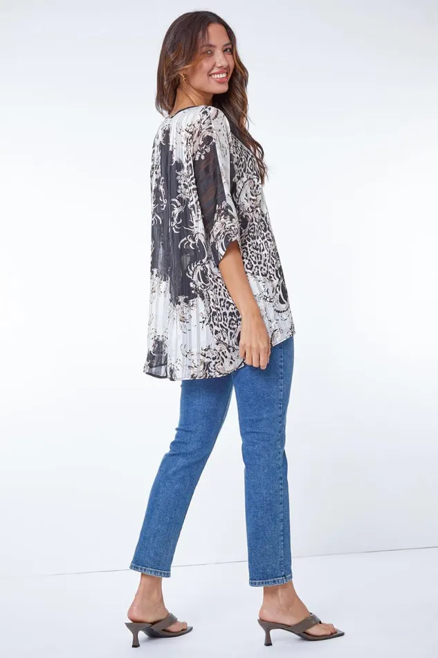 Women Ivory Mixed Animal Print Overlay Top Roman Tops