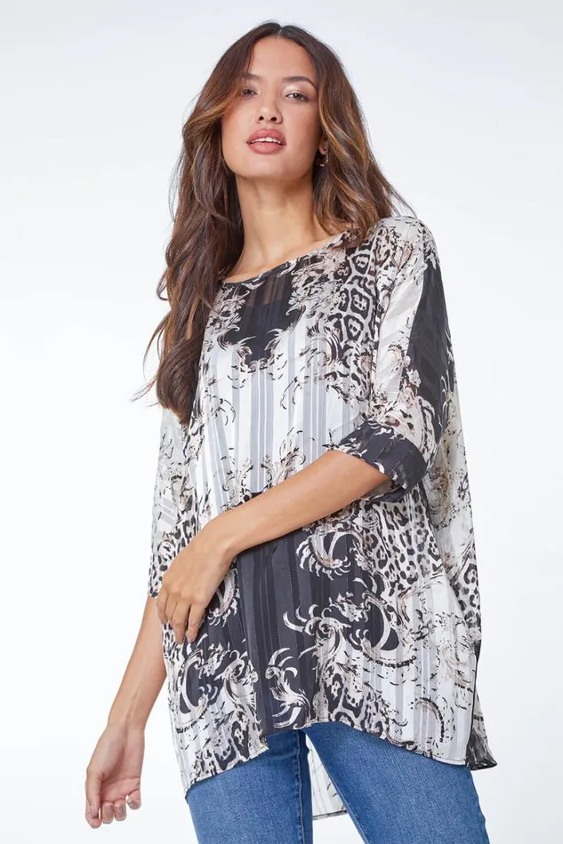 Women Ivory Mixed Animal Print Overlay Top Roman Tops