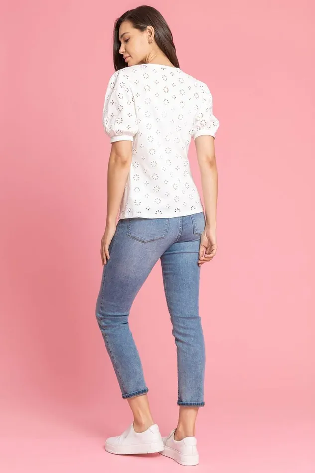 Women Ivory Puff Sleeve Broderie Detail Top Roman Tops