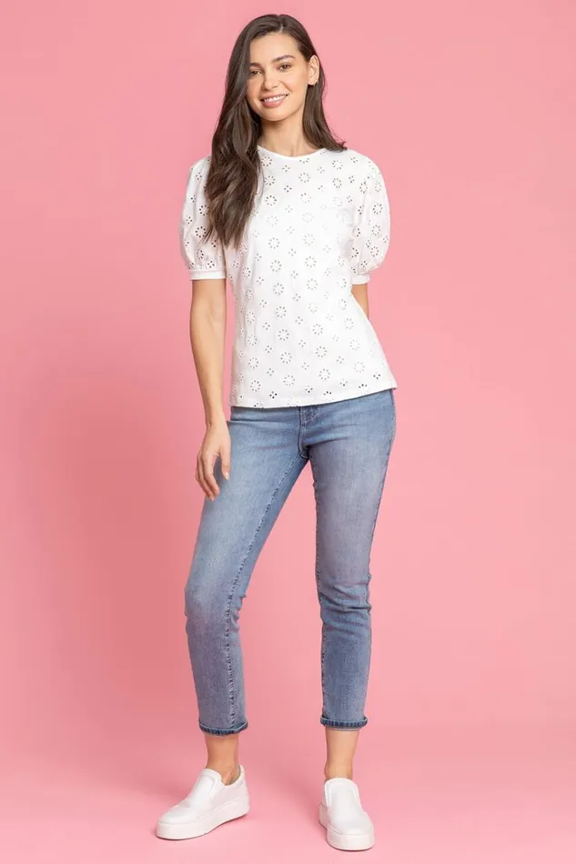 Women Ivory Puff Sleeve Broderie Detail Top Roman Tops