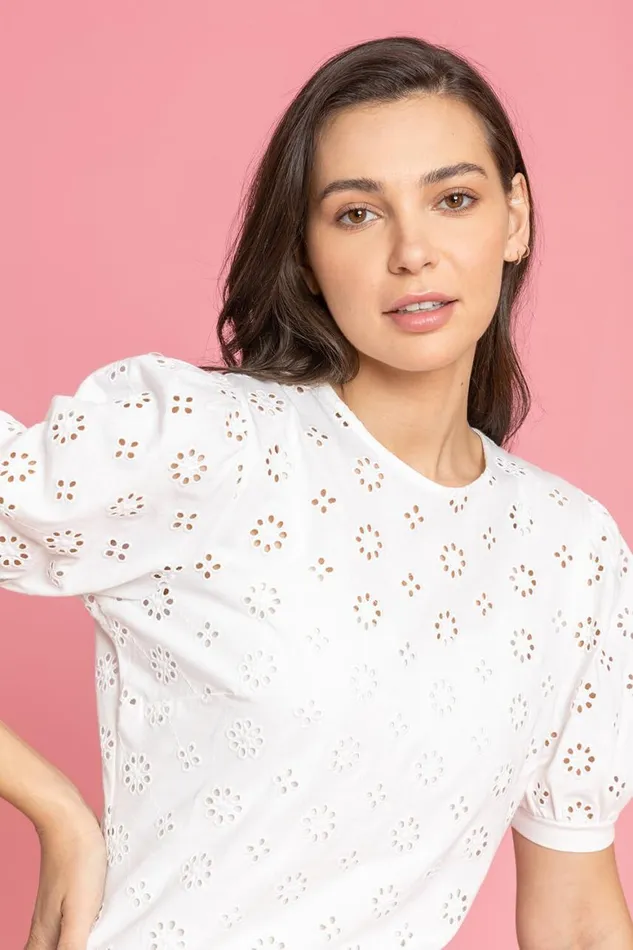 Women Ivory Puff Sleeve Broderie Detail Top Roman Tops