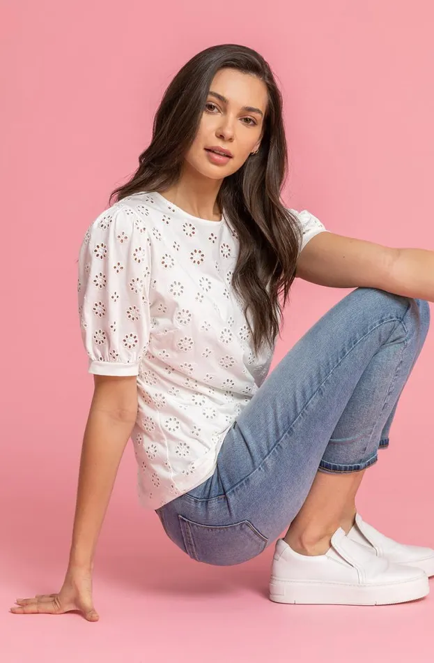 Women Ivory Puff Sleeve Broderie Detail Top Roman Tops
