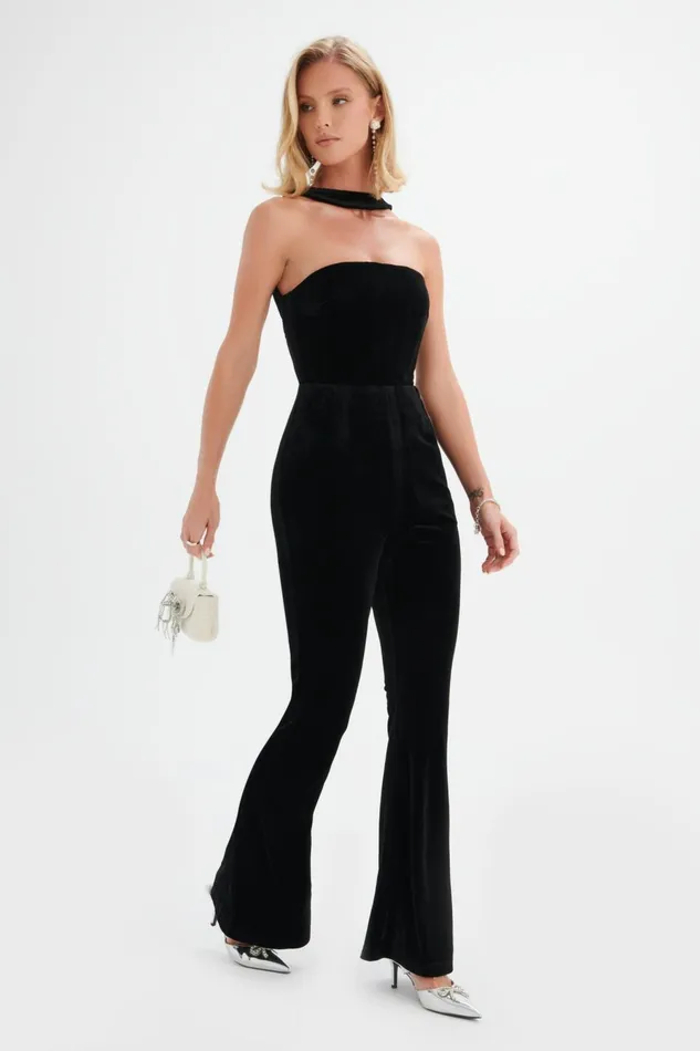Women Jumpsuits and Playsuits Lavish Alice HAZEL High Neck Velvet Jumpsuit In Black Black