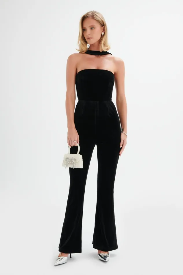Women Jumpsuits and Playsuits Lavish Alice HAZEL High Neck Velvet Jumpsuit In Black Black