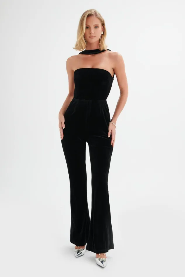 Women Jumpsuits and Playsuits Lavish Alice HAZEL High Neck Velvet Jumpsuit In Black Black