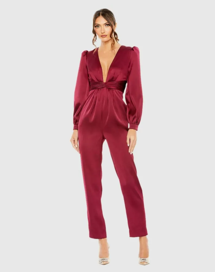 Women Jumpsuits and Rompers Mac Duggal Red Front Twist Puff Sleeve Deep V Jumpsuit Ruby Women Jumpsuits and Rompers Mac Duggal Red Front Twist Puff Sleeve Deep V Jumpsuit Ruby