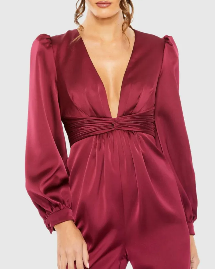 Women Jumpsuits and Rompers Mac Duggal Red Front Twist Puff Sleeve Deep V Jumpsuit Ruby