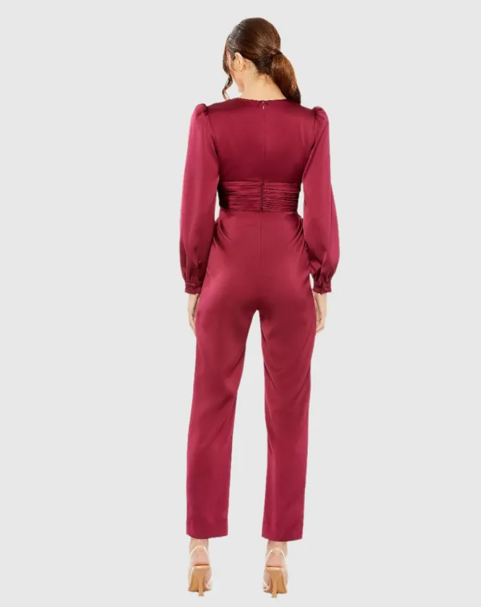 Women Jumpsuits and Rompers Mac Duggal Red Front Twist Puff Sleeve Deep V Jumpsuit Ruby