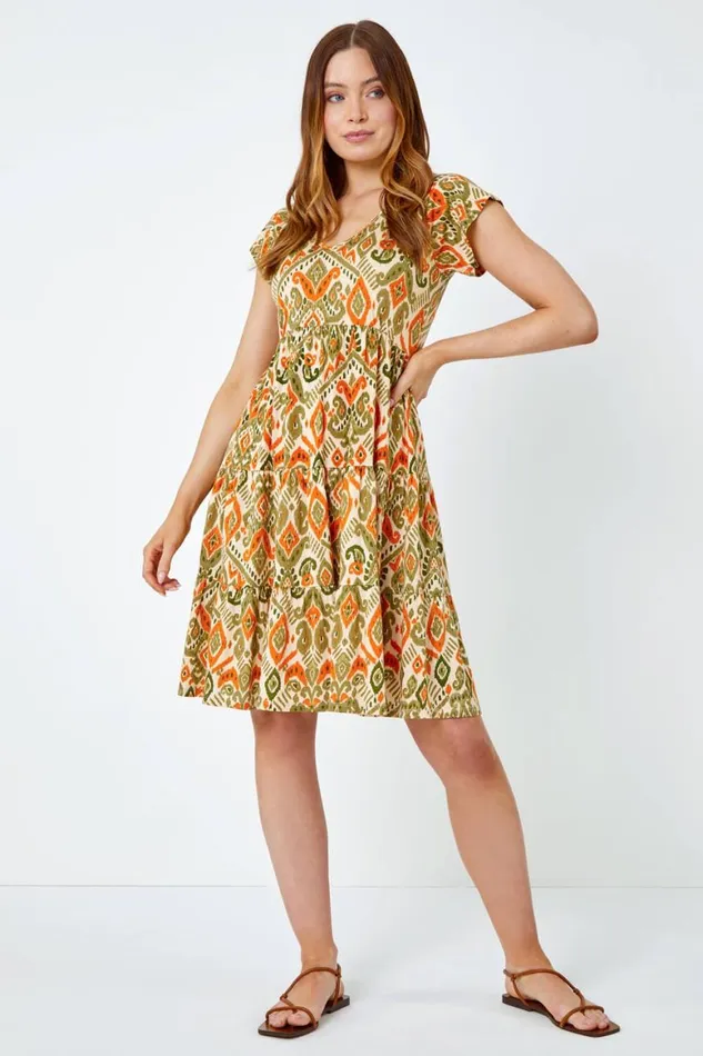 Women Khaki Aztec Print Tiered Tea Dress Roman Dresses