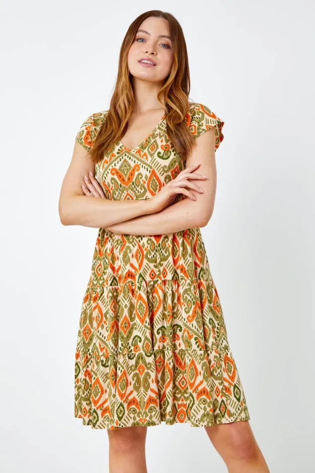 Women Khaki Aztec Print Tiered Tea Dress Roman Dresses