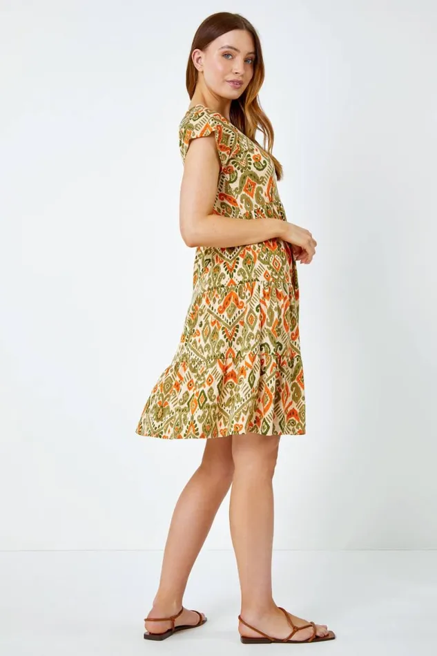 Women Khaki Aztec Print Tiered Tea Dress Roman Dresses