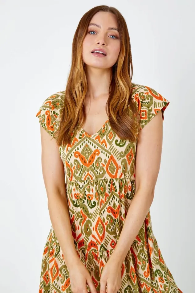 Women Khaki Aztec Print Tiered Tea Dress Roman Dresses
