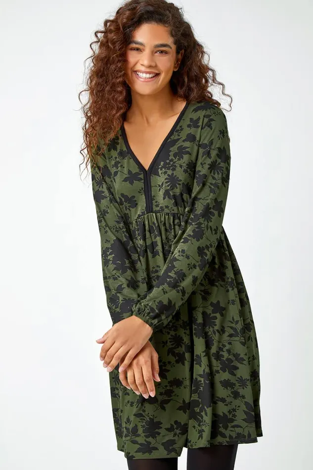 Women Khaki Floral Contrast Trim Stretch Dress Roman Dresses