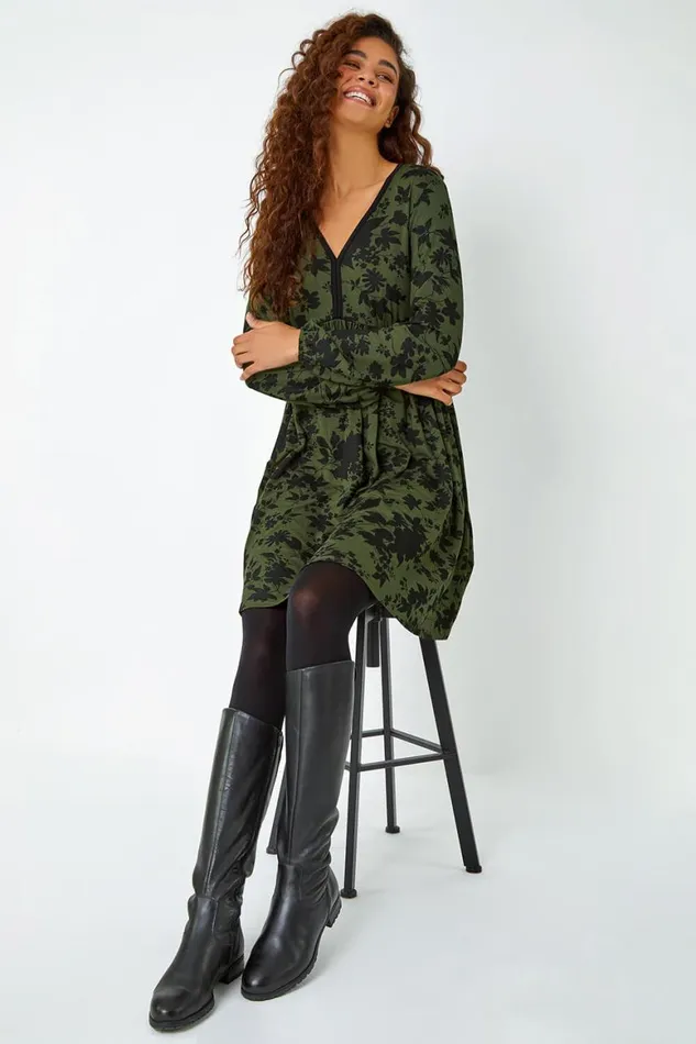 Women Khaki Floral Contrast Trim Stretch Dress Roman Dresses