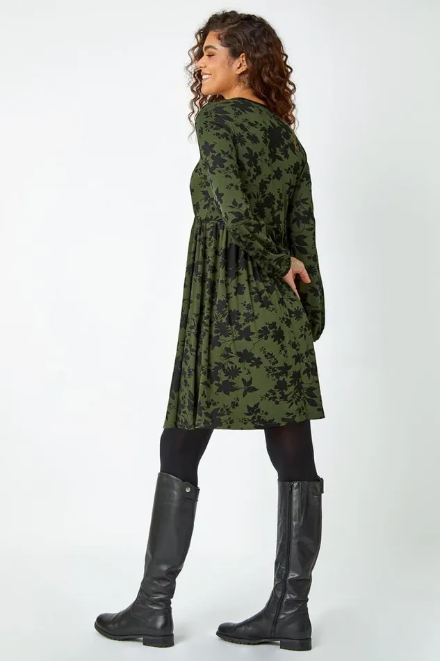 Women Khaki Floral Contrast Trim Stretch Dress Roman Dresses