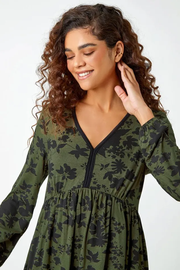 Women Khaki Floral Contrast Trim Stretch Dress Roman Dresses