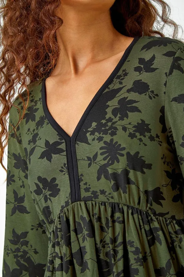 Women Khaki Floral Contrast Trim Stretch Dress Roman Dresses
