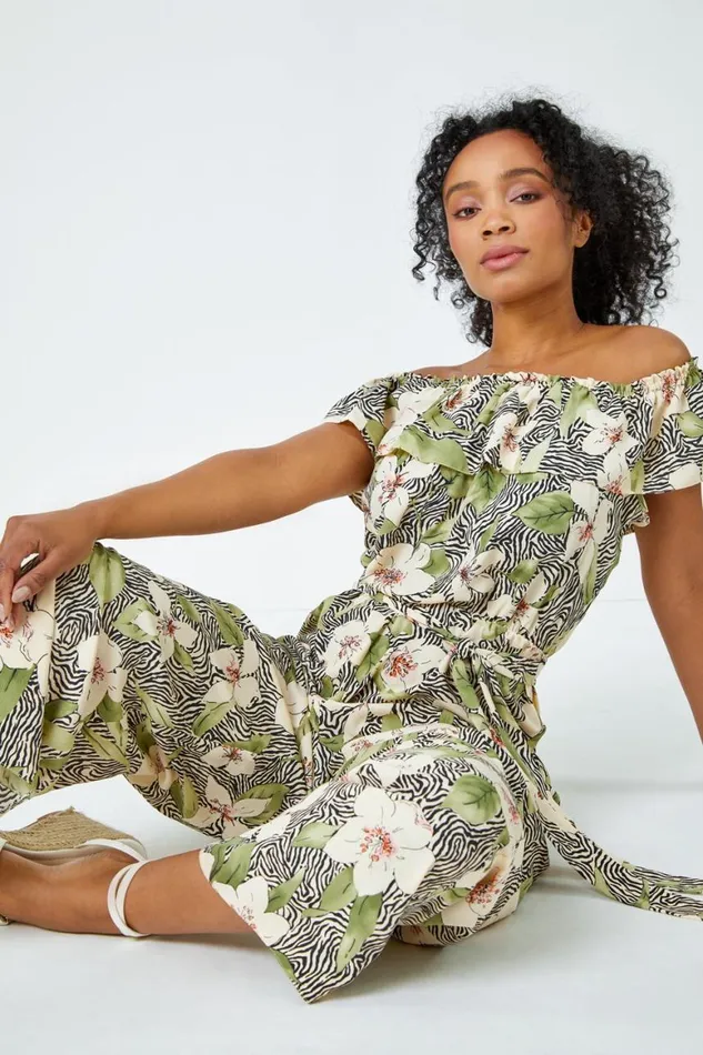 Women Khaki Petite Floral Print Bardot Jumpsuit Roman Jumpsuits and Playsuits