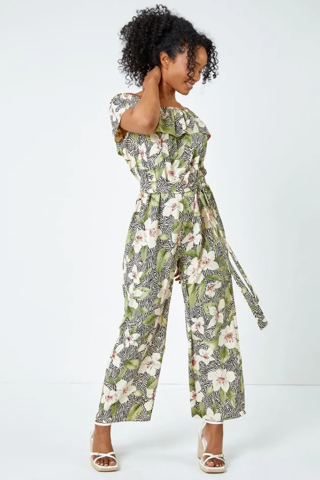 Women Khaki Petite Floral Print Bardot Jumpsuit Roman Jumpsuits and Playsuits