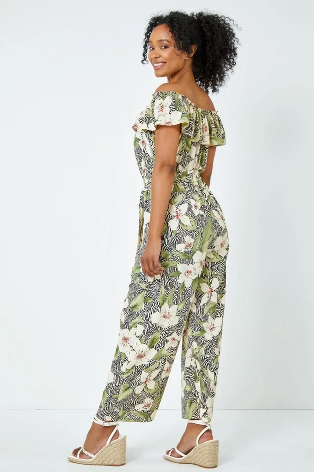 Women Khaki Petite Floral Print Bardot Jumpsuit Roman Jumpsuits and Playsuits
