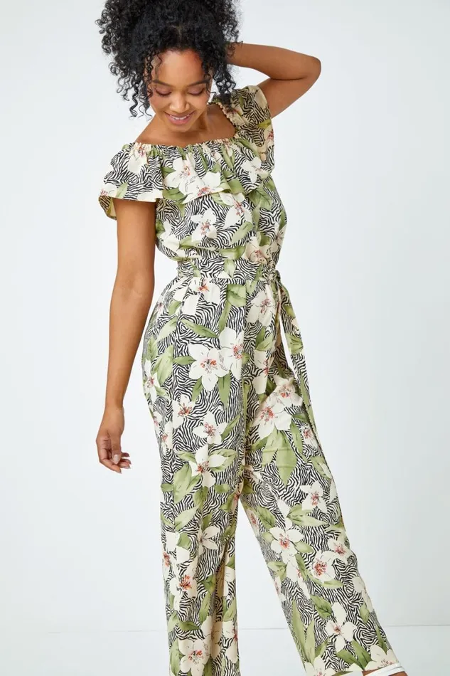 Women Khaki Petite Floral Print Bardot Jumpsuit Roman Jumpsuits and Playsuits