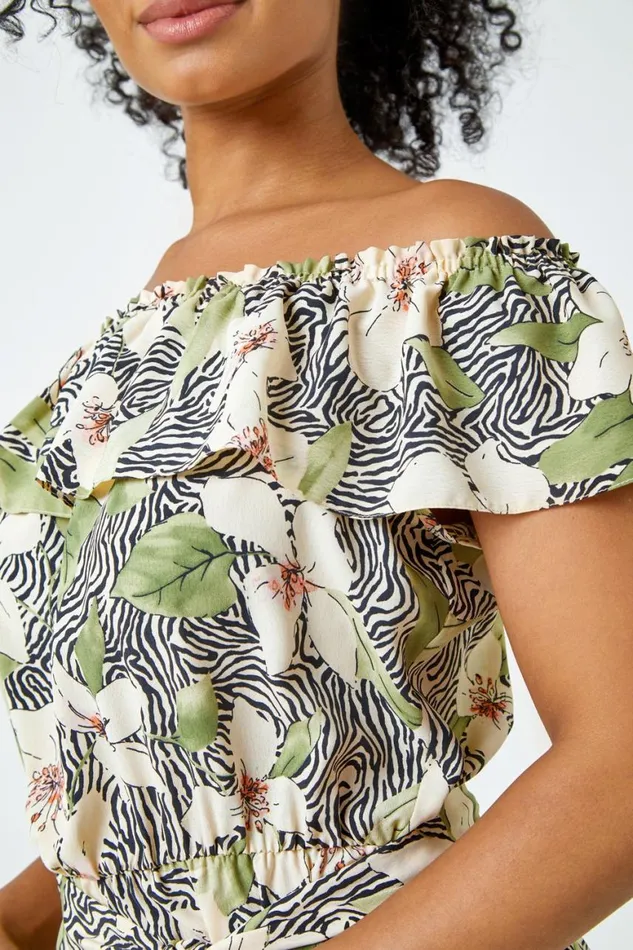 Women Khaki Petite Floral Print Bardot Jumpsuit Roman Jumpsuits and Playsuits