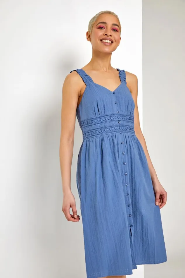 Women Light Blue Shirred Lace Detail Sundress Roman Dresses