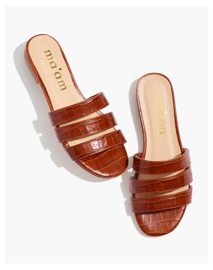 Women Maam Shoes Croc Embossed Leather CJ Slide Sandals Cognac Madewell Sandals