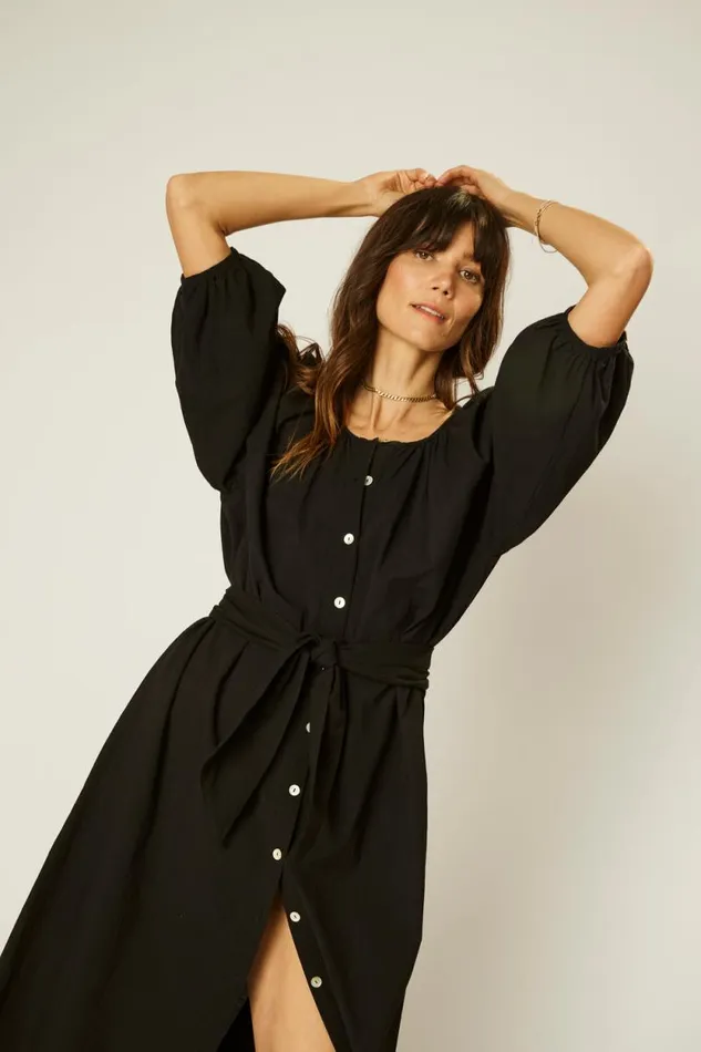 Women Natalie Martin Coverups Alex Midi With Sash Black Flat Cotton