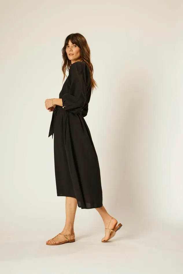 Women Natalie Martin Coverups Alex Midi With Sash Black Flat Cotton