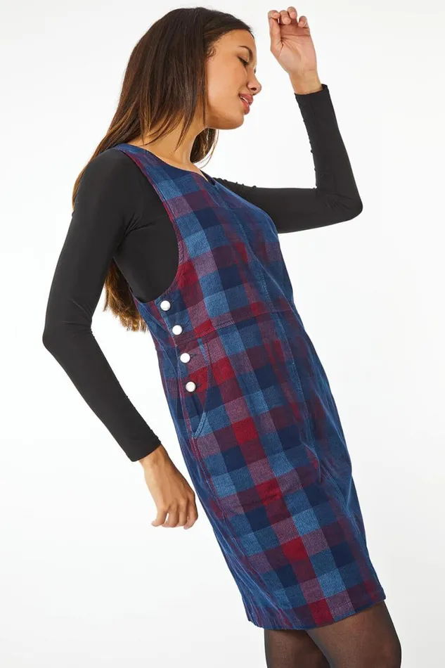 Women Navy Check Corduroy Pinafore Dress Roman Dresses