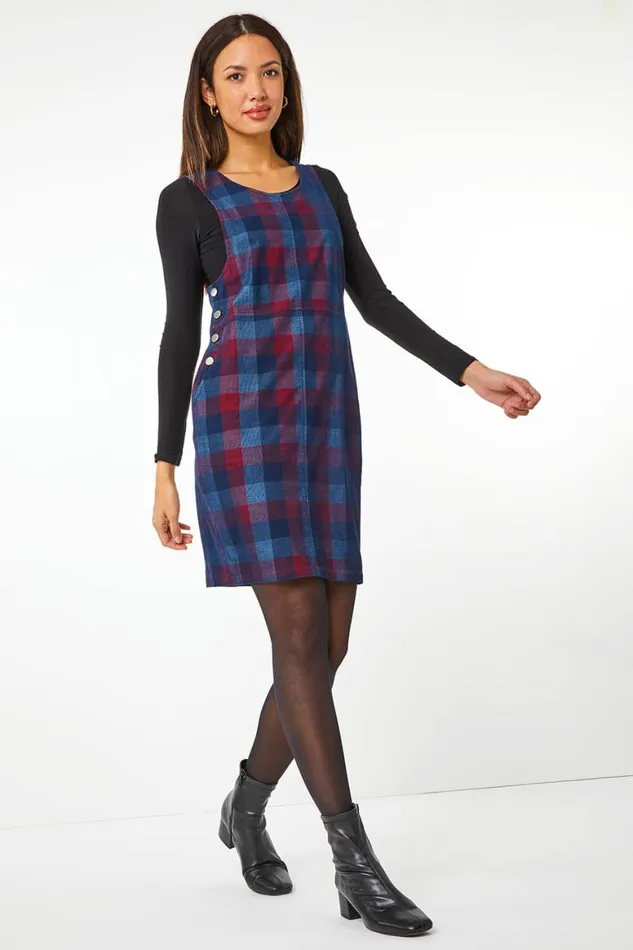 Women Navy Check Corduroy Pinafore Dress Roman Dresses