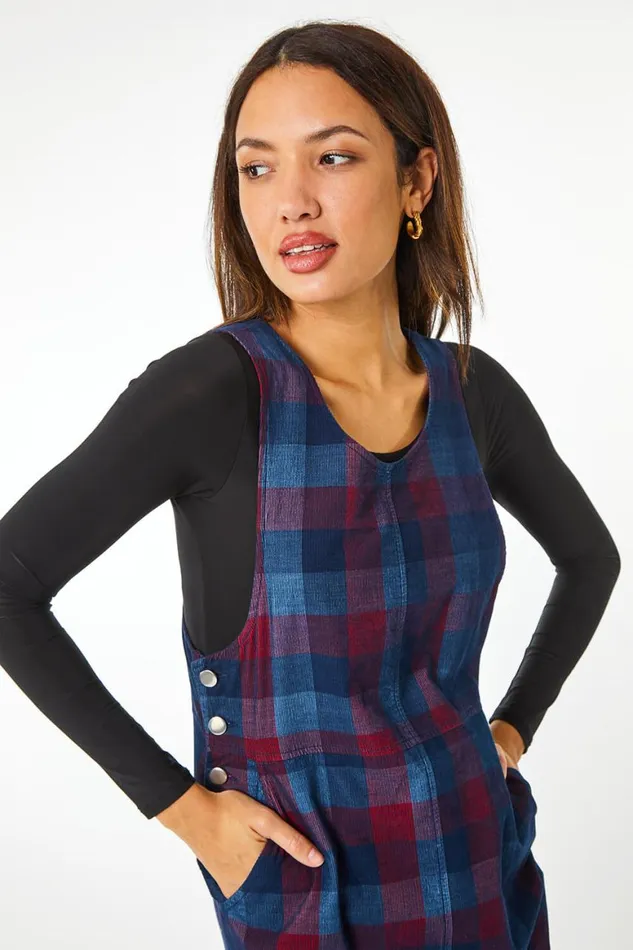 Women Navy Check Corduroy Pinafore Dress Roman Dresses
