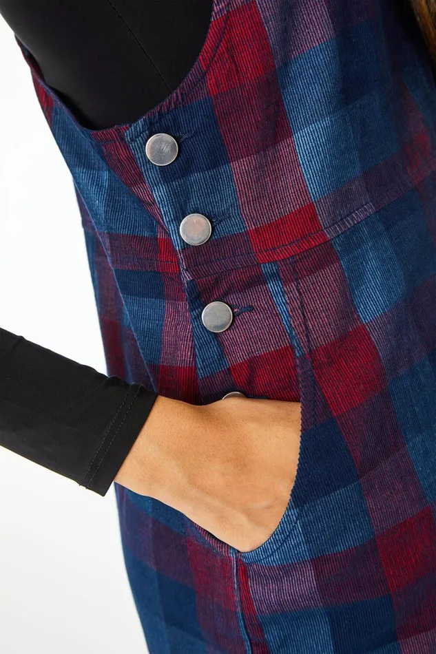 Women Navy Check Corduroy Pinafore Dress Roman Dresses