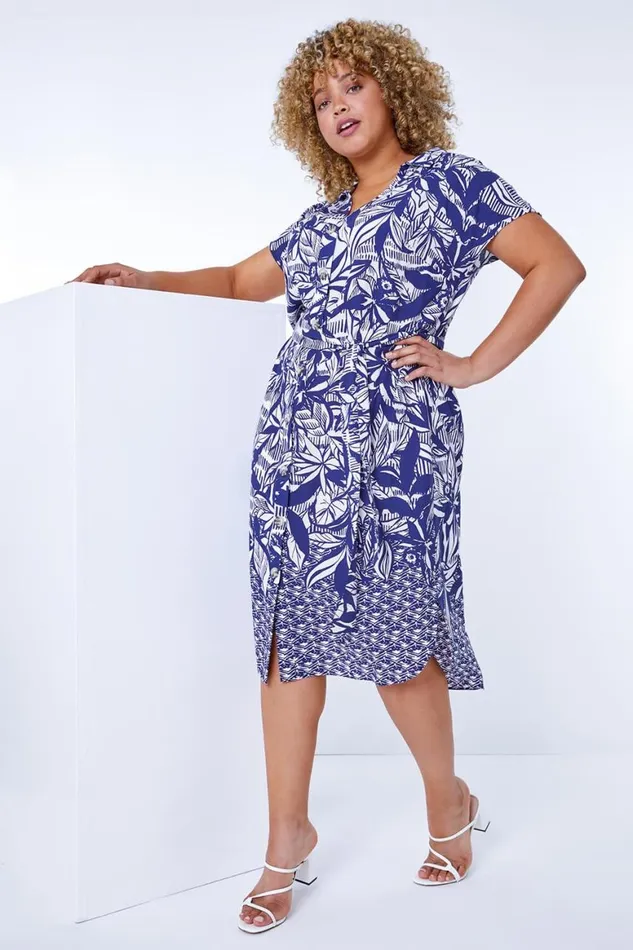 Women Navy Curve Border Print Shirt Dress Roman Dresses