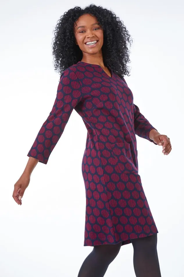 Women Navy Petite Notch Neck Jacquard Dress Roman Dresses
