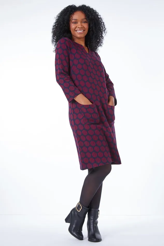 Women Navy Petite Notch Neck Jacquard Dress Roman Dresses