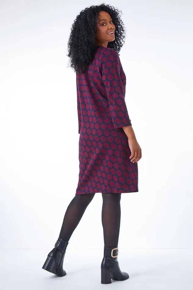 Women Navy Petite Notch Neck Jacquard Dress Roman Dresses