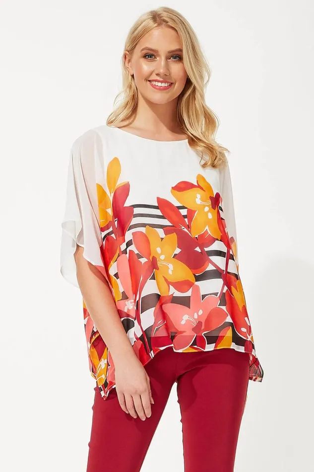 Women Orange Floral Stripe Print Chiffon Top Roman Tops