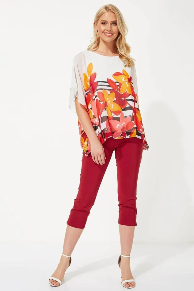 Women Orange Floral Stripe Print Chiffon Top Roman Tops