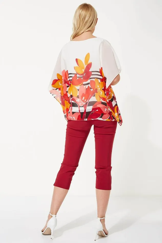 Women Orange Floral Stripe Print Chiffon Top Roman Tops