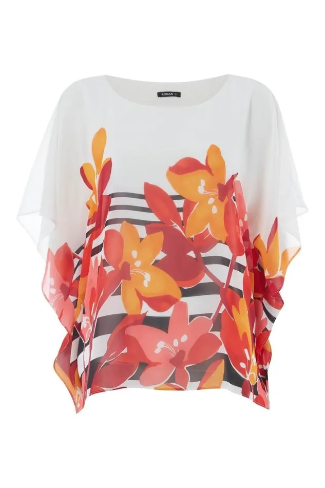 Women Orange Floral Stripe Print Chiffon Top Roman Tops