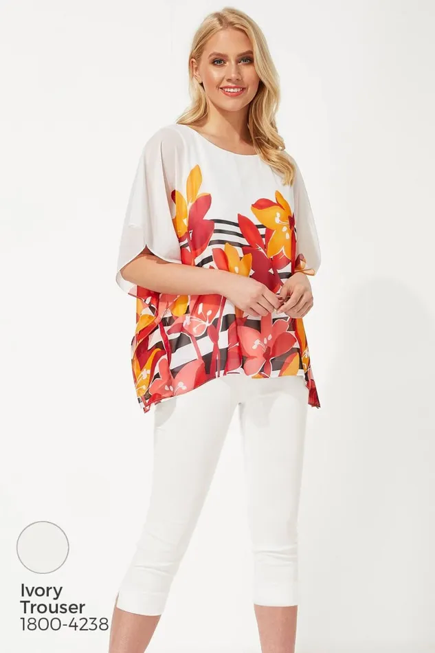 Women Orange Floral Stripe Print Chiffon Top Roman Tops