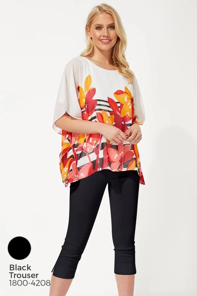 Women Orange Floral Stripe Print Chiffon Top Roman Tops