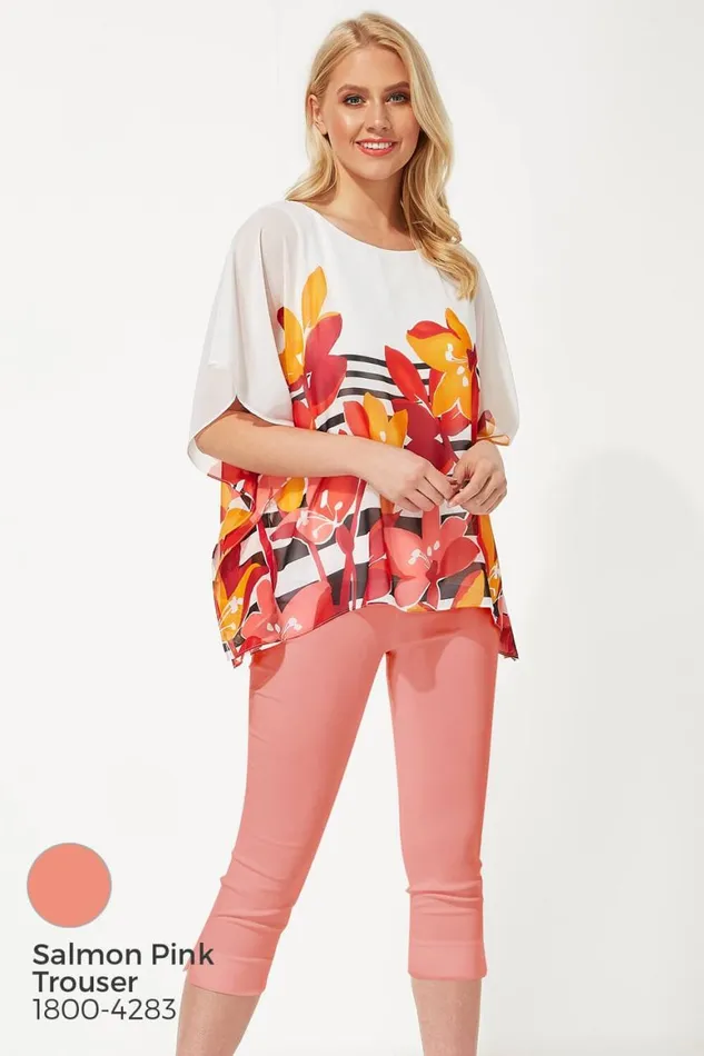 Women Orange Floral Stripe Print Chiffon Top Roman Tops