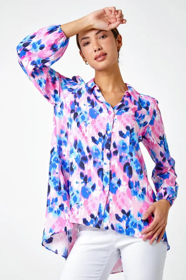 Women Pink Abstract Print Dropped Hem Blouse Roman Tops
