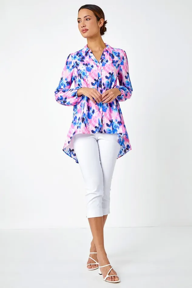 Women Pink Abstract Print Dropped Hem Blouse Roman Tops