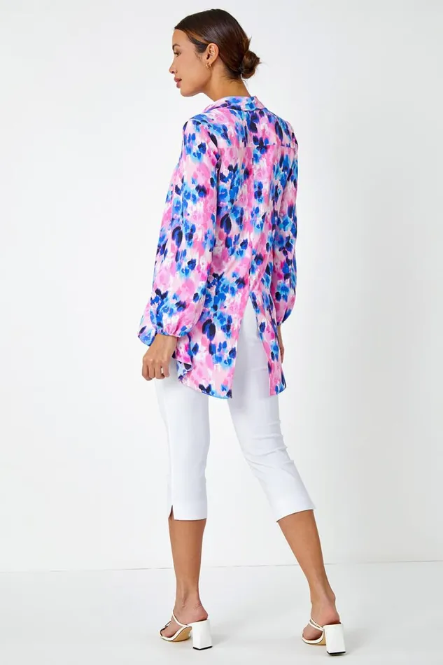 Women Pink Abstract Print Dropped Hem Blouse Roman Tops