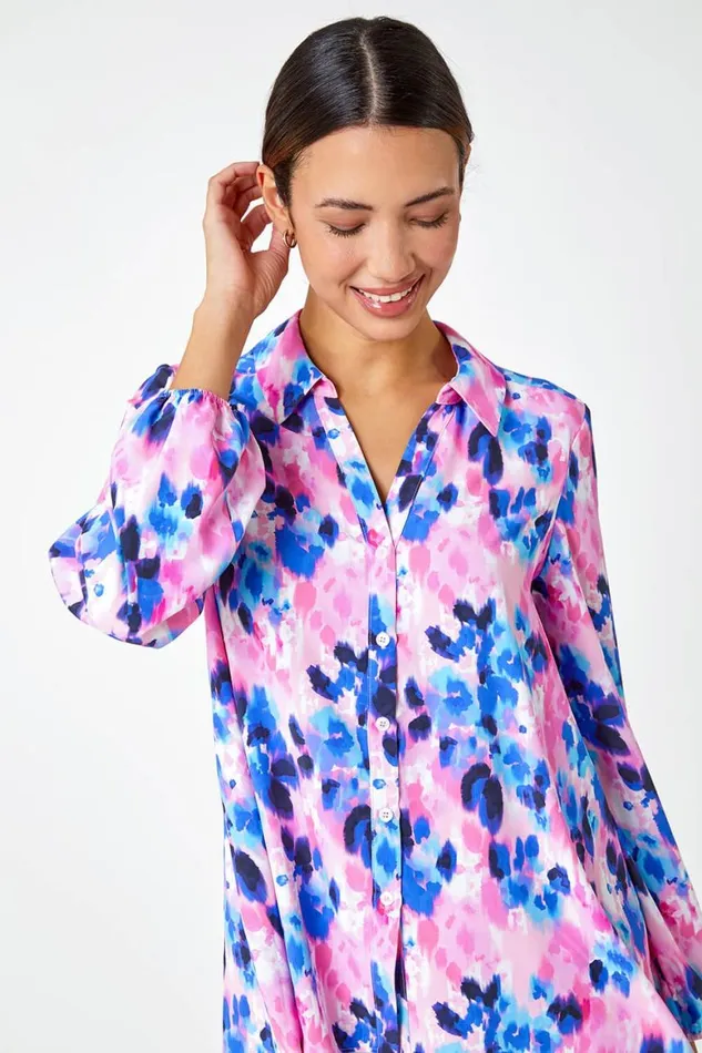 Women Pink Abstract Print Dropped Hem Blouse Roman Tops